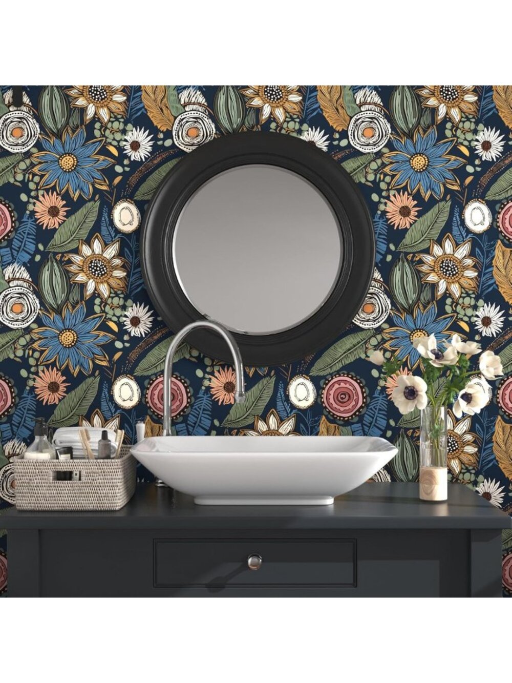 Blue Boho Peel and Stick Wallpaper - Vintage Floral Self-Adhesive Decor 17.5” x - Picture 2 of 6